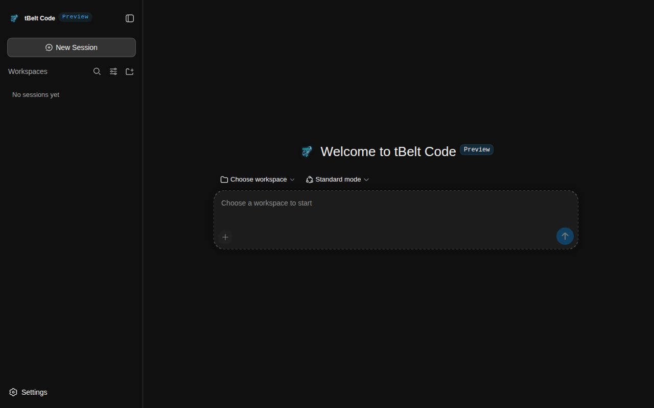 The tBelt Code start screen, with the workspace picker and the message box